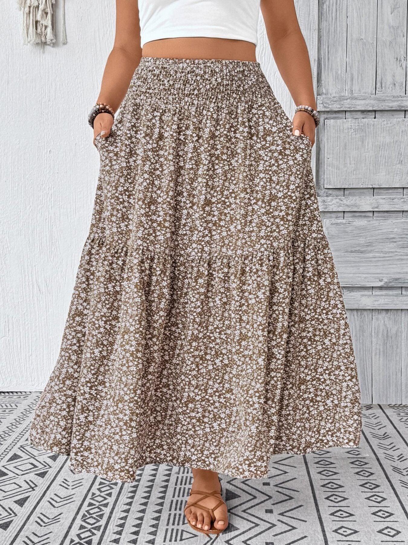 Plus Size Floral Print Tiered Skirt - cas7m