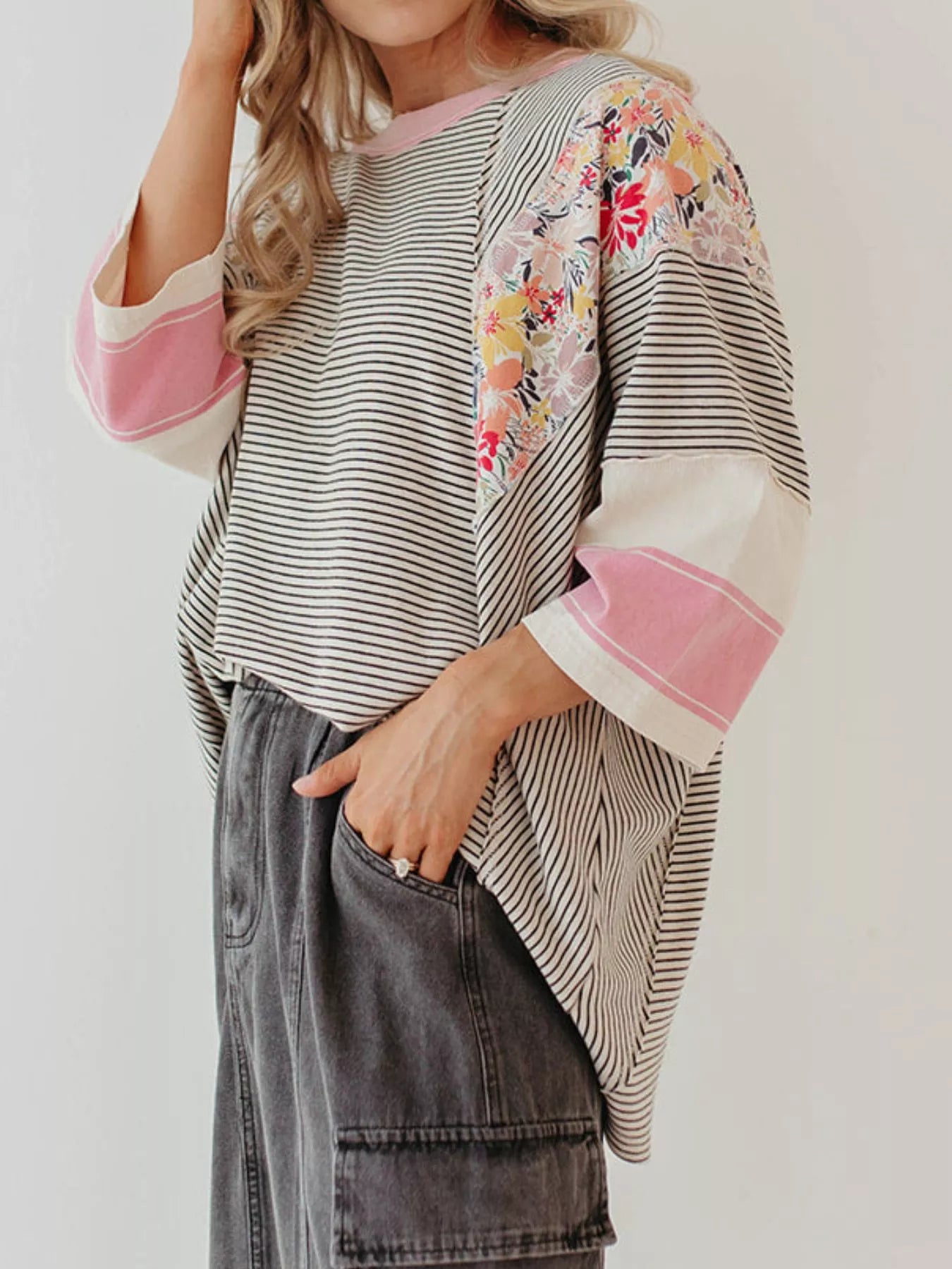 Striped Floral Long Sleeve T-Shirt - cas7m