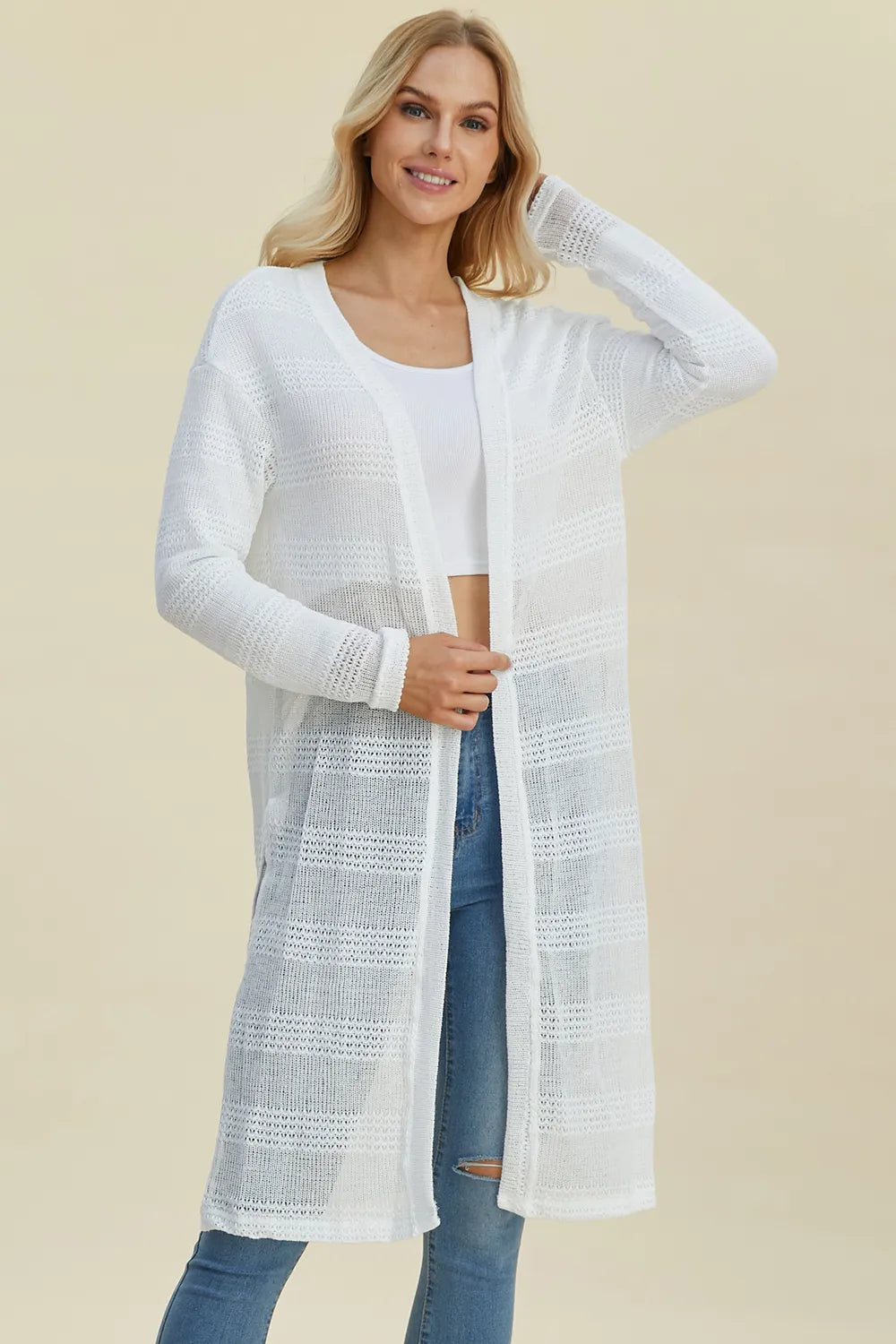 Double Take Full Size Open Front Longline Cardigan - cas7m
