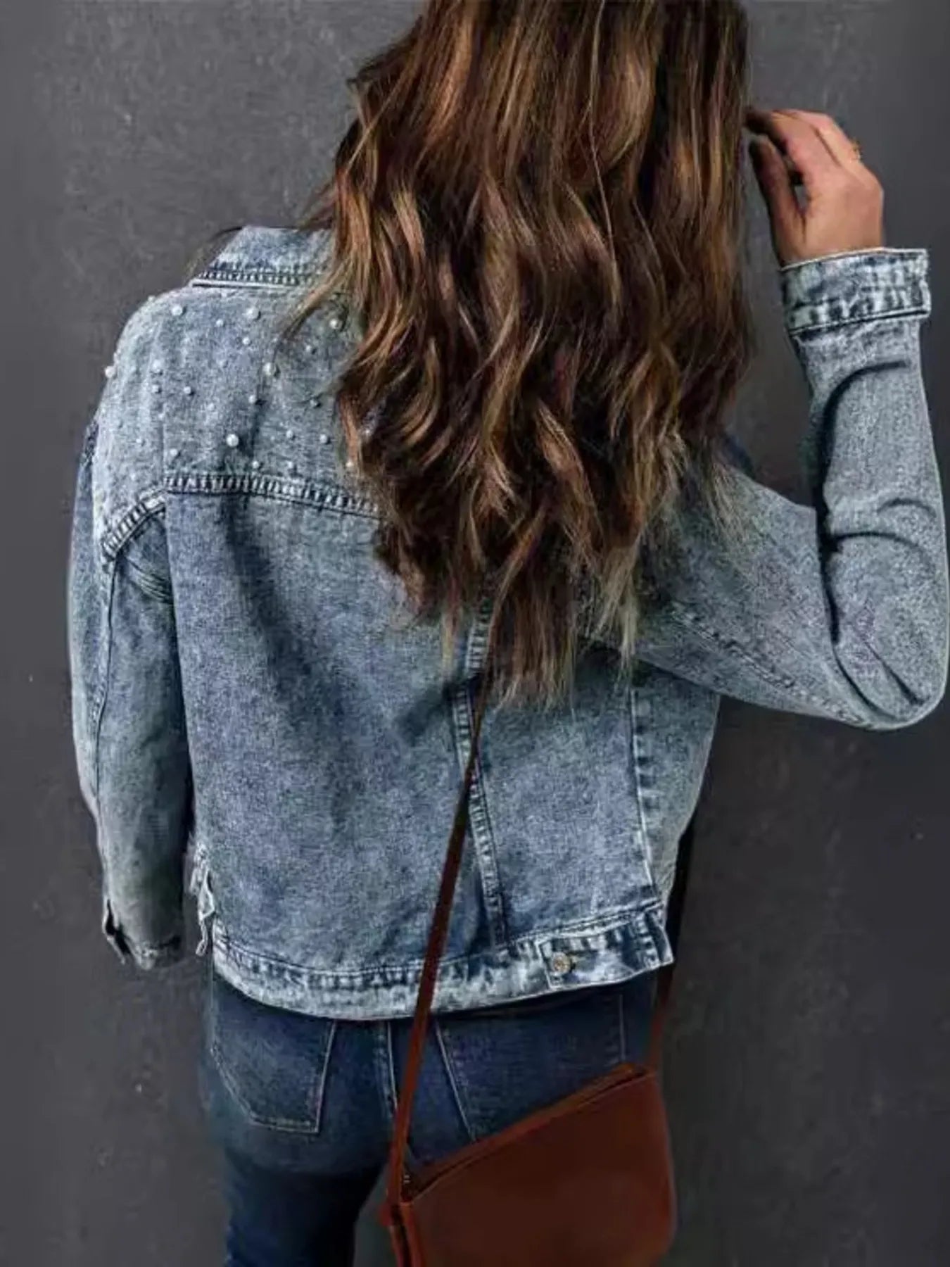 Full Size Pearl Detail Button Up Long Sleeve Denim Jacket Plus Size - cas7m