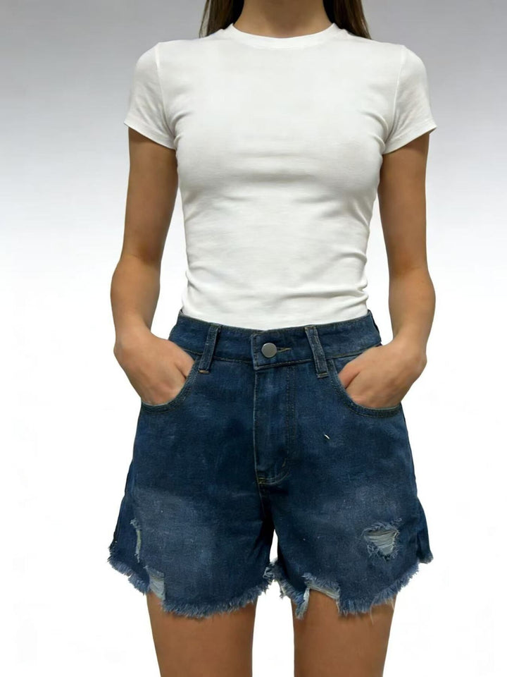 Distressed Frayed Hem Denim Shorts - cas7m
