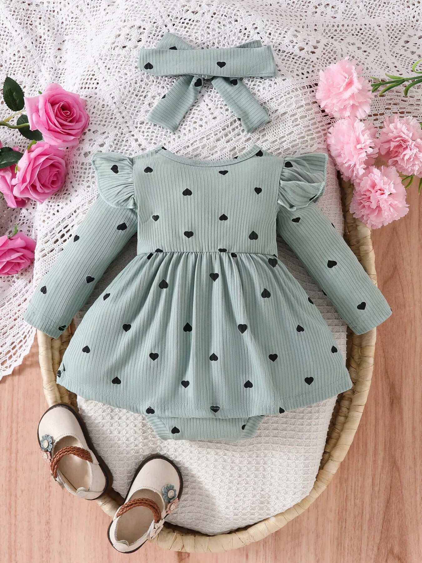 Children's Heart Print Ruffle Trim Bodysuit Dress with Headband - cas7m