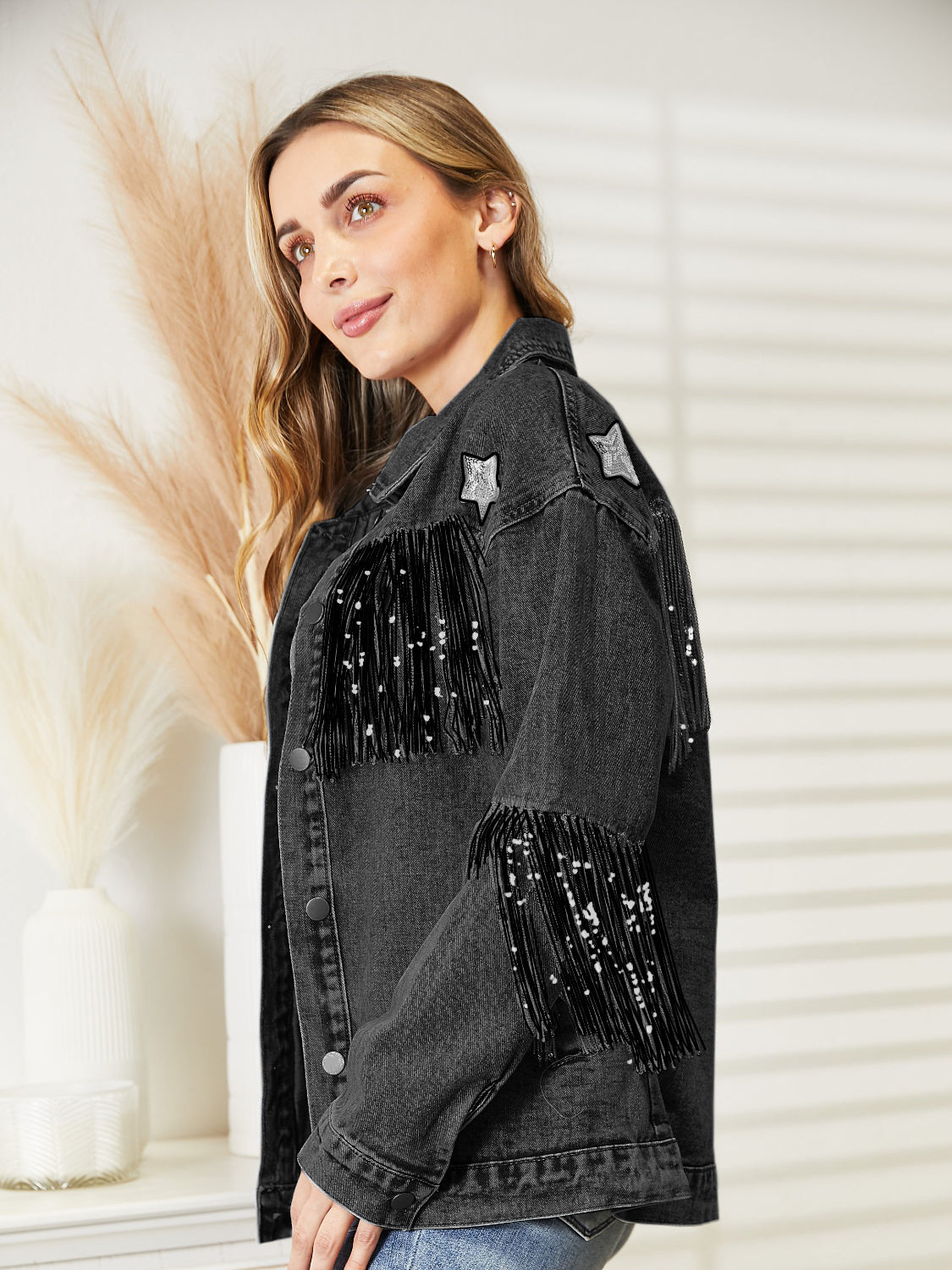 Fringe Detail Long Sleeve Denim Jacket - cas7m