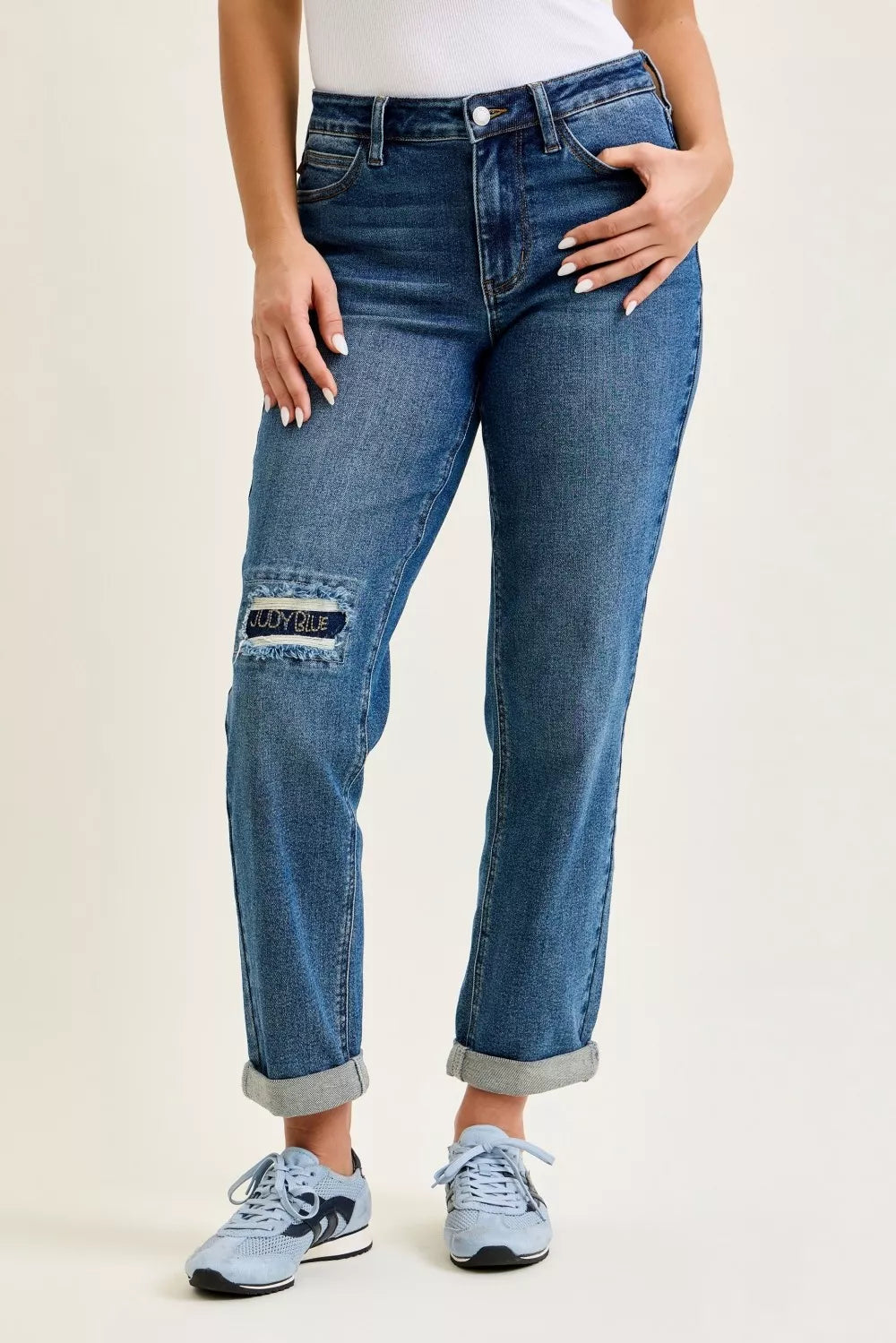 Judy Blue Mid Rise Boyfriend Embroidered Repair Patch Jeans - cas7m