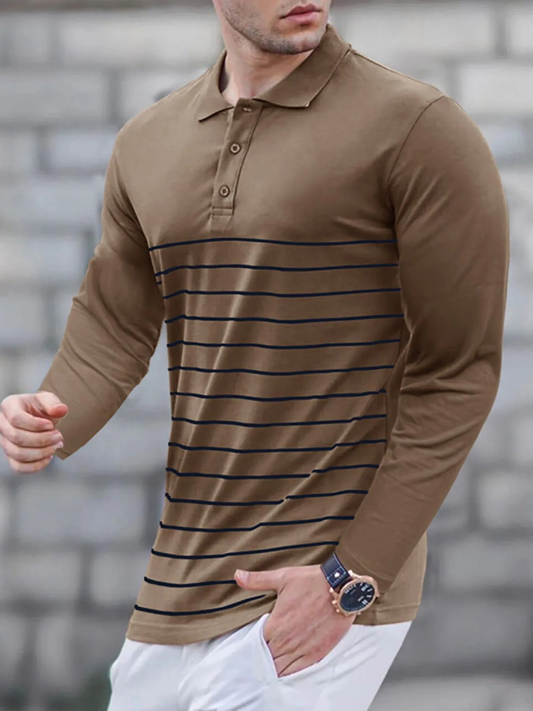 Men's Striped Long Sleeve Polo Shirt - cas7m