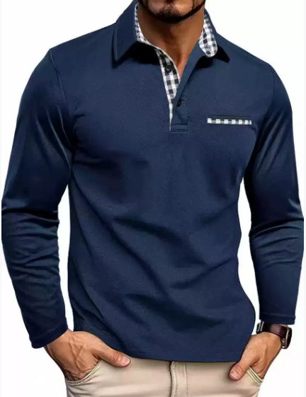Casual Plaid Splicing Lapel Polo Shirt Fashion Solid Color Long Sleeve Top Men's Clothing - cas7m