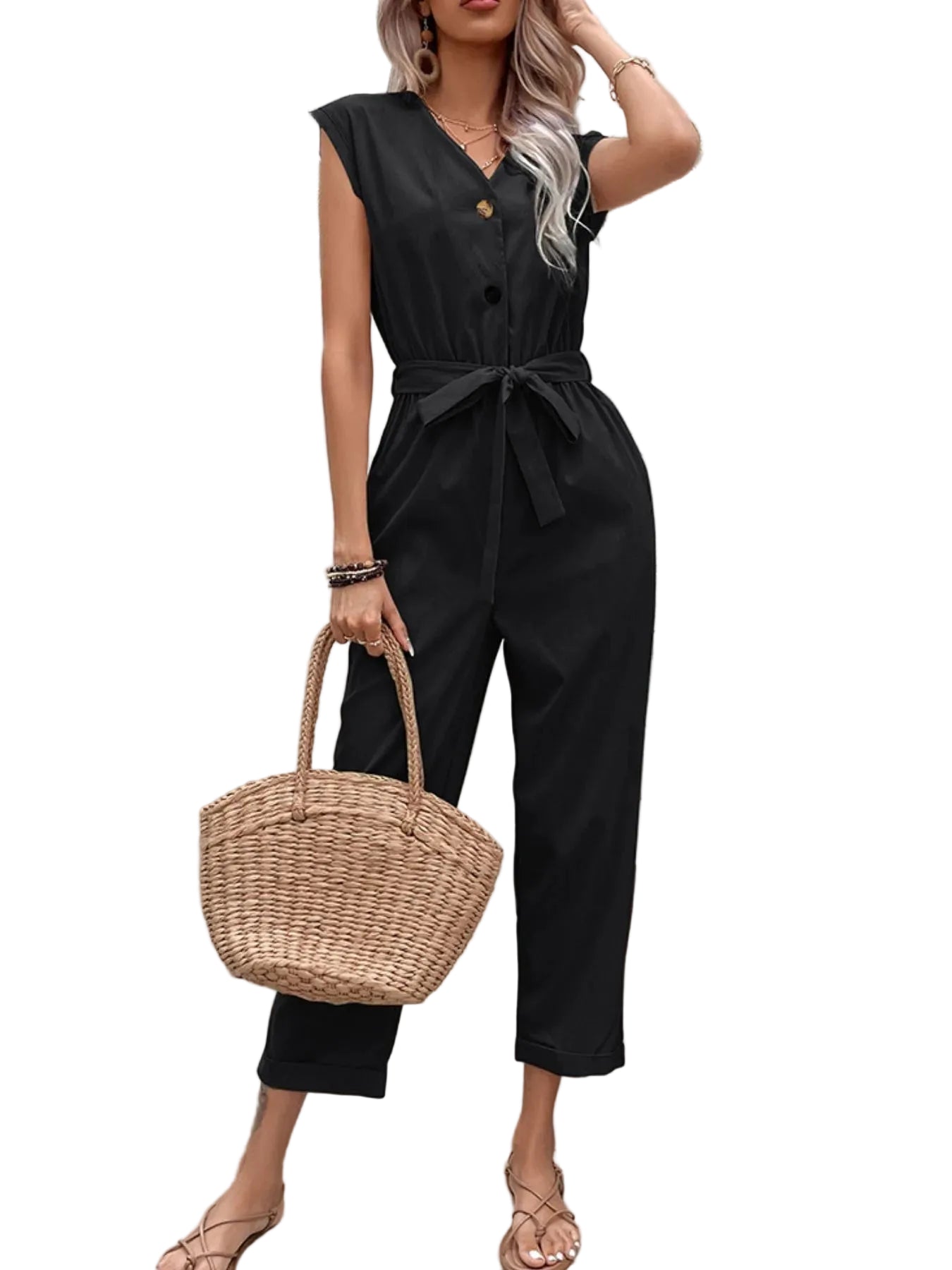 Button-Front Tie Waist Jumpsuit - cas7m