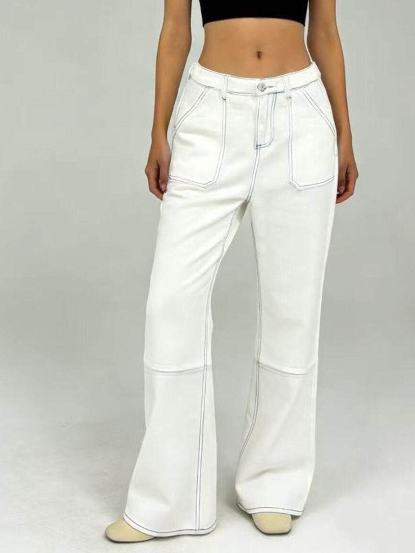 Wide Leg Contrast Stitching Jeans - cas7m