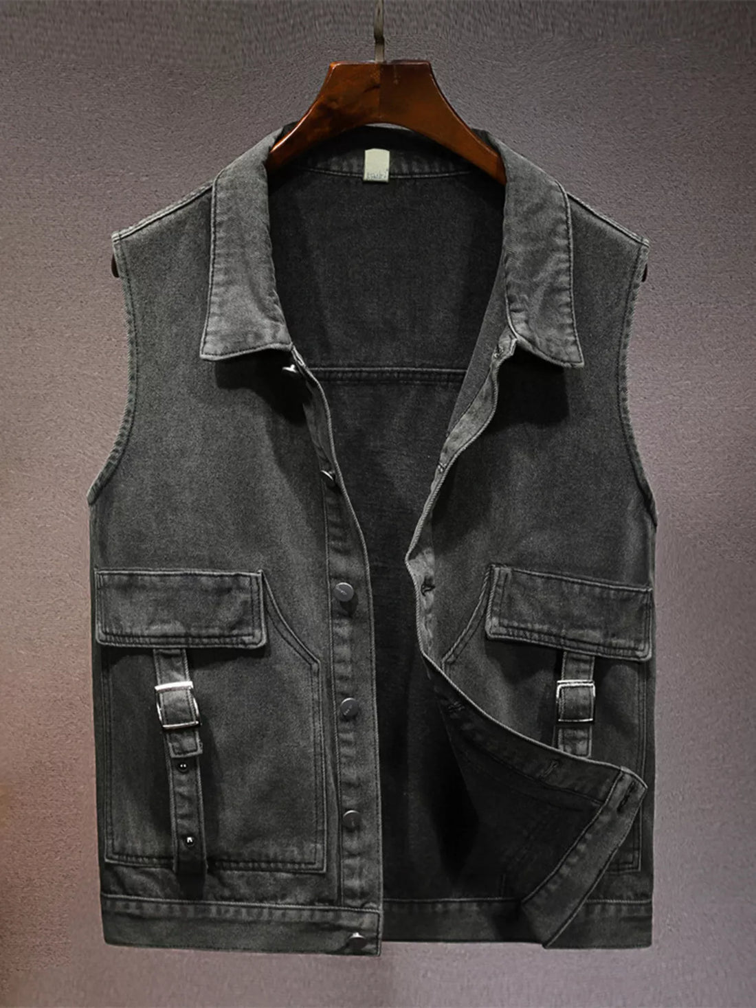 Men's Plus Size Vintage Washed Denim Vest with Pockets - cas7m