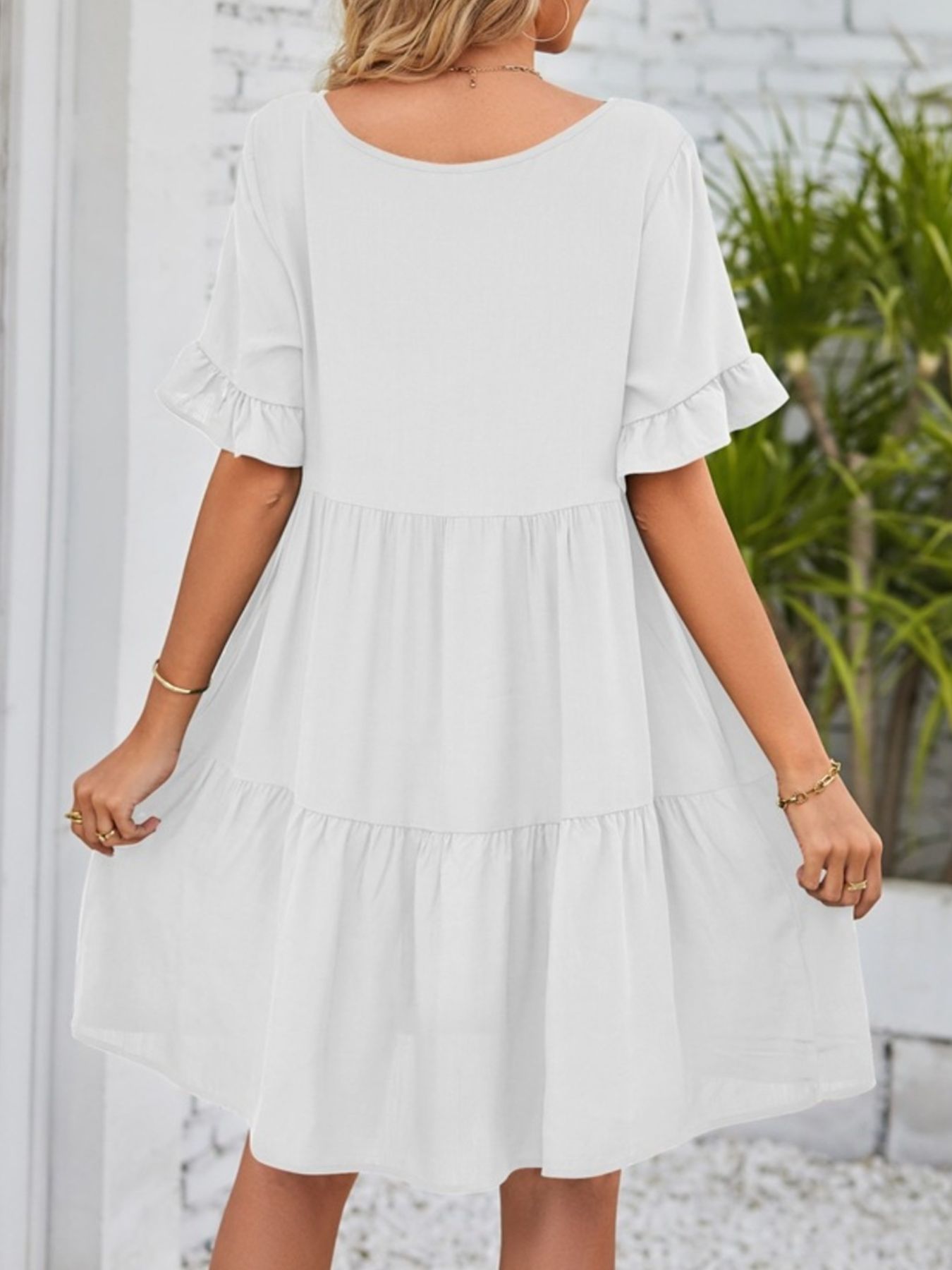 Ruffled Sleeve Tiered Mini Dress - cas7m