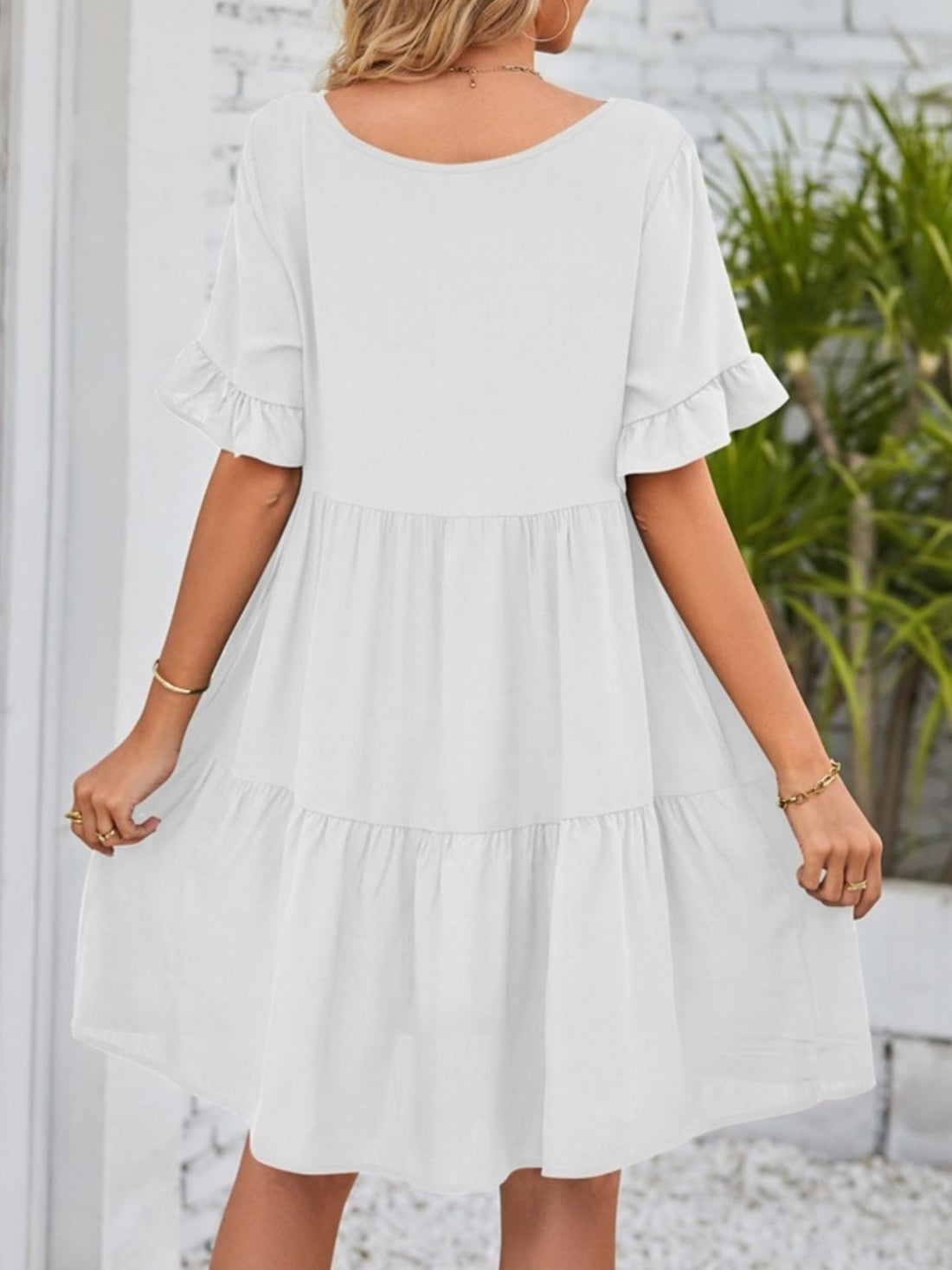 Ruffled Sleeve Tiered Mini Dress - cas7m