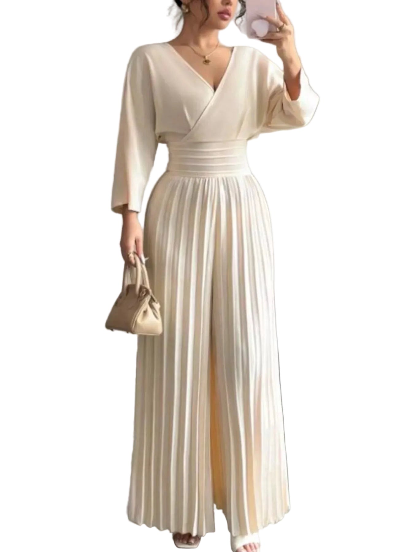 Surplice Pleated Wide Leg Jumpsuit - cas7m