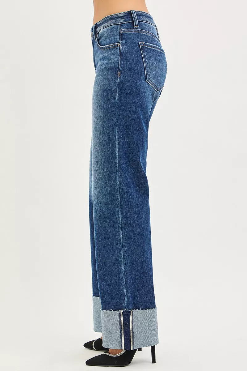 RISEN Mid Rise Wide Straight Jeans With Wide Cuff - cas7m