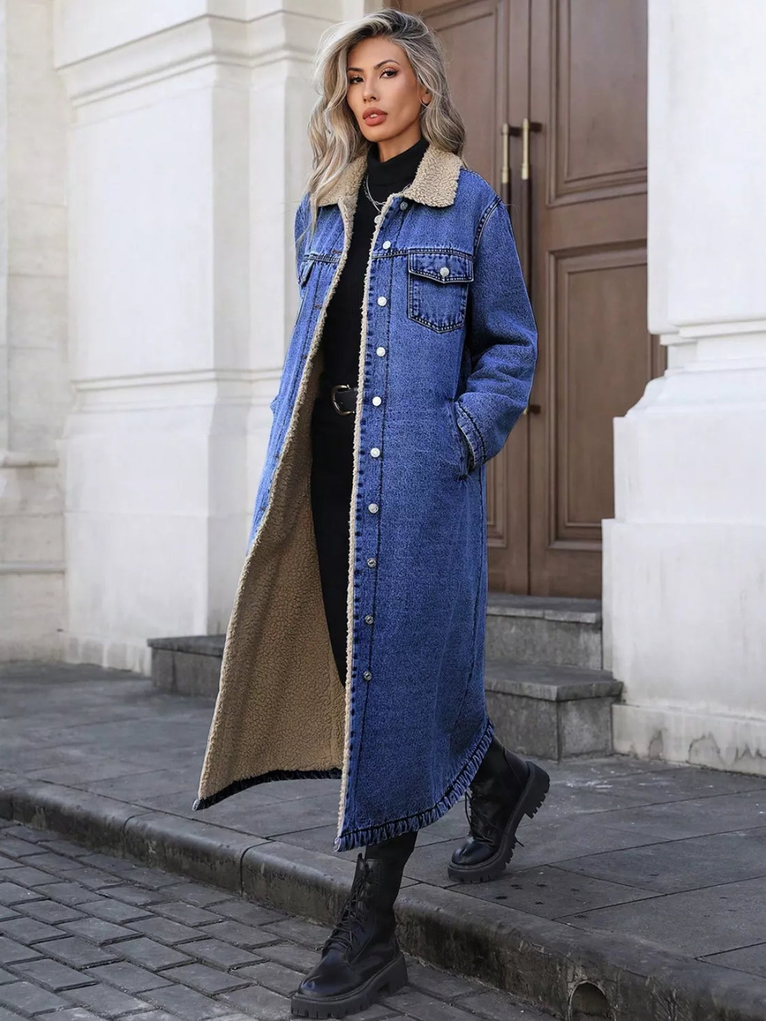 Sherpa Lined Longline Denim Jacket - cas7m