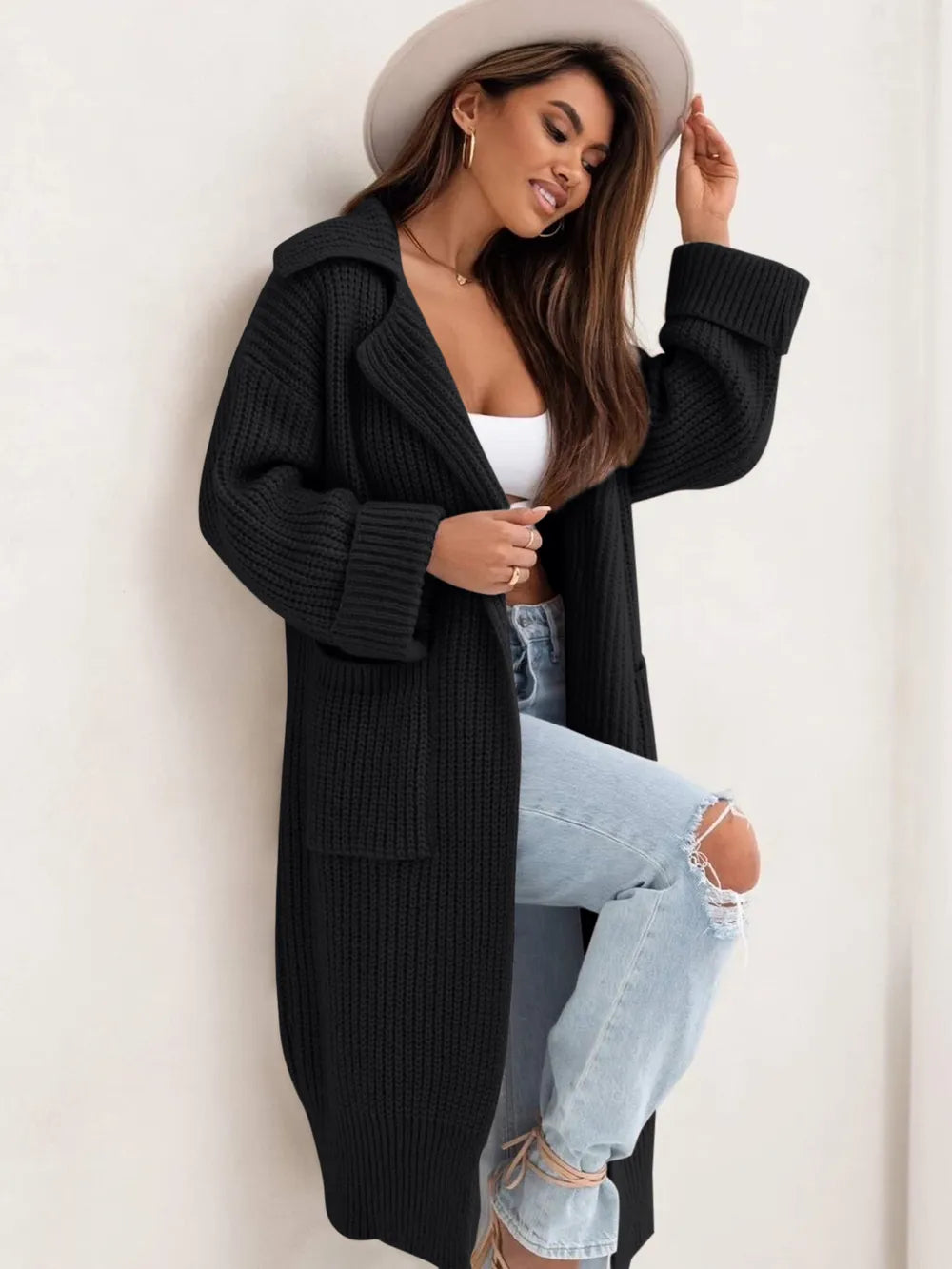 Pocketed Collared Neck Dropped Shoulder Cardigan - cas7m