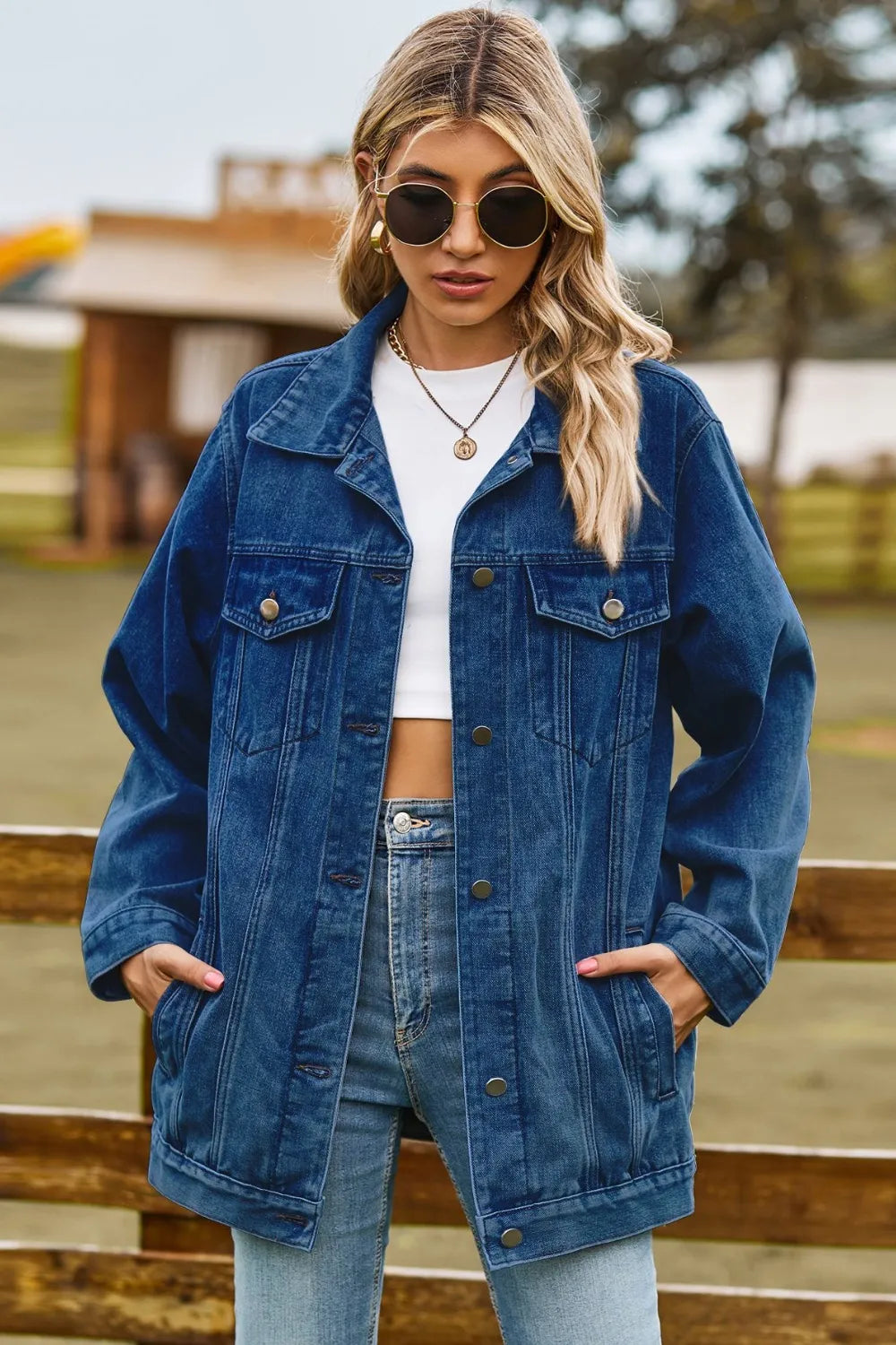 Buttoned Collared Neck Denim Jacket with Pockets - cas7m