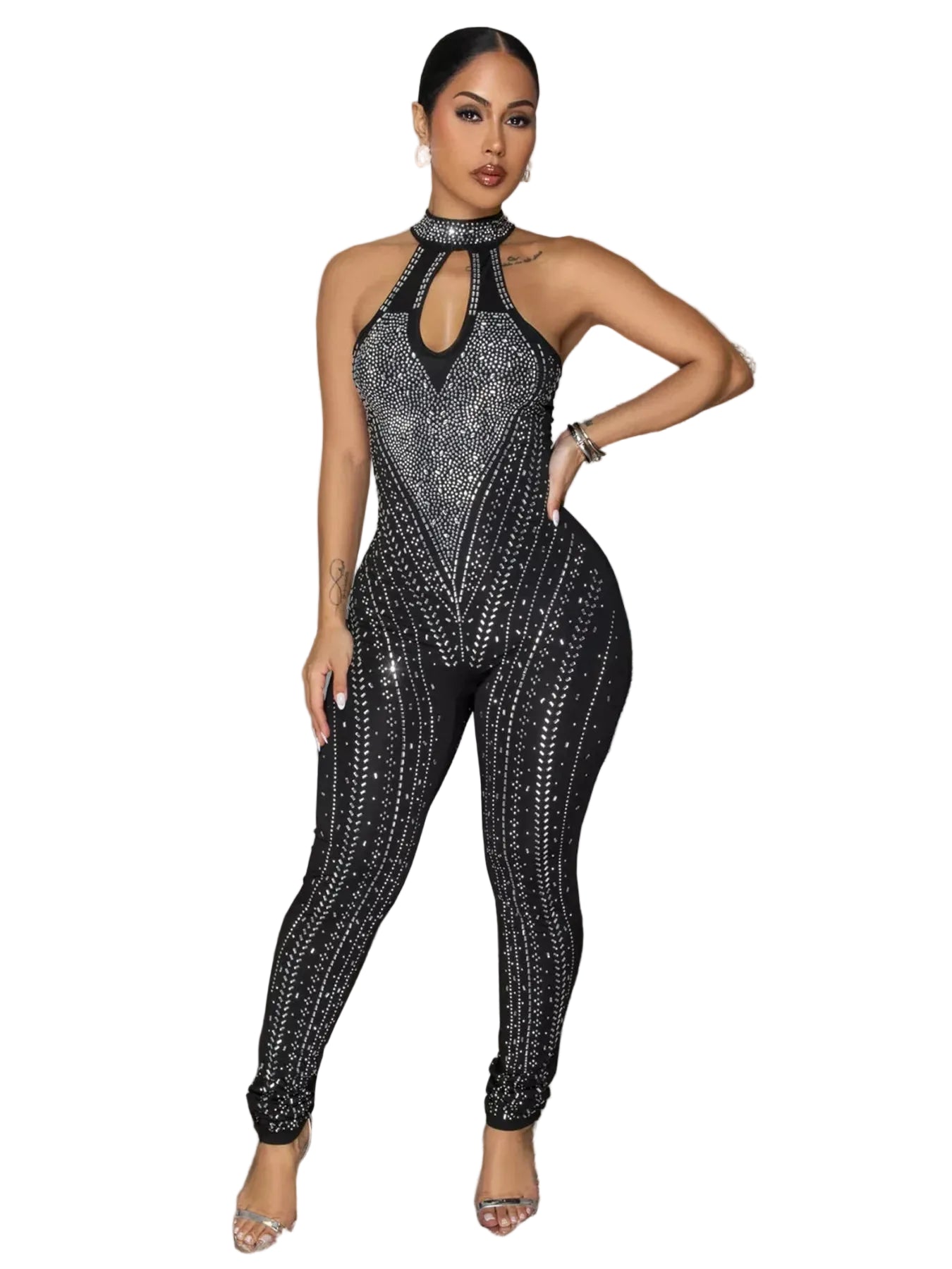 Sparkling Rhinestone Cutout Jumpsuit - cas7m