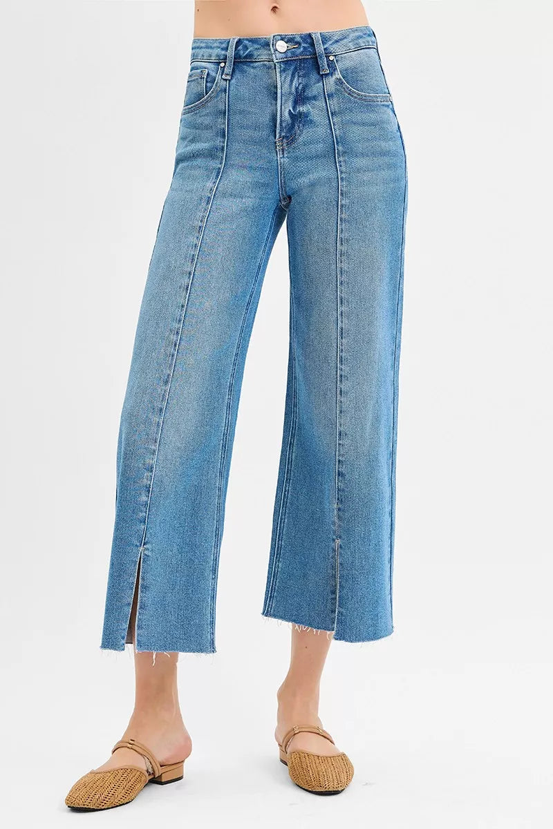 RISEN Tummy Control Mid Rise Crop Wide Front Slit Jeans - cas7m