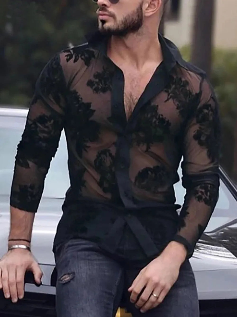 Men's Lace Button Down Long Sleeve Shirt - cas7m