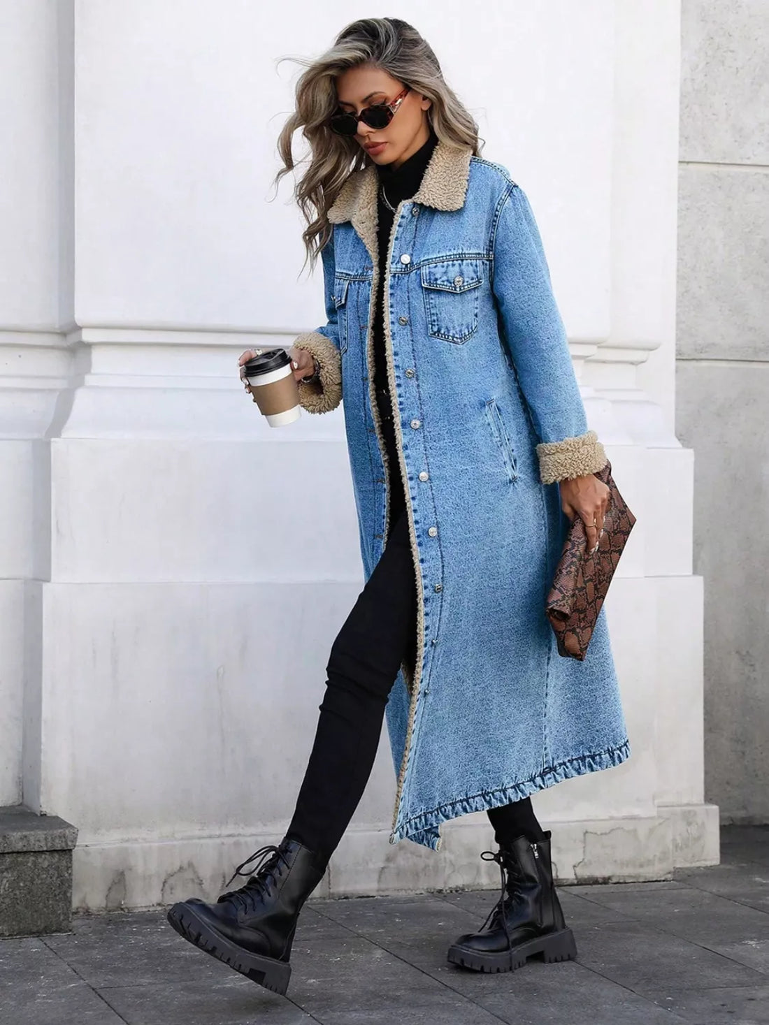 Sherpa Lined Longline Denim Jacket - cas7m