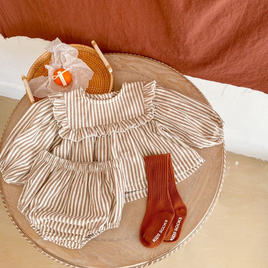 Cotton Baby Ruffle Collar Striped Long Sleeved Skirt Bread Pants Set - cas7m