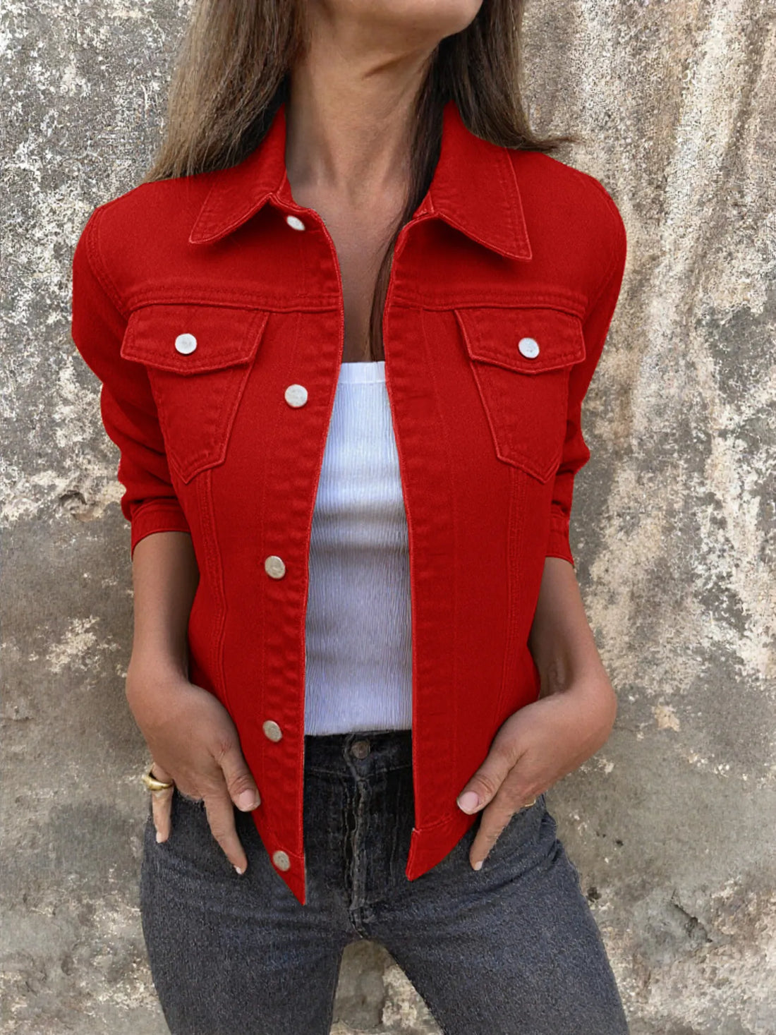 Button Front Closure Denim Jacket - cas7m