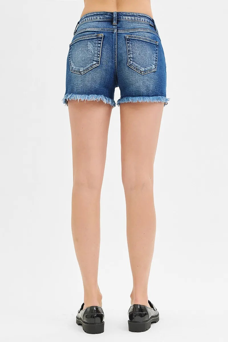 RISEN Full Size Low Rise Frayed Denim Shorts Plus Size - cas7m