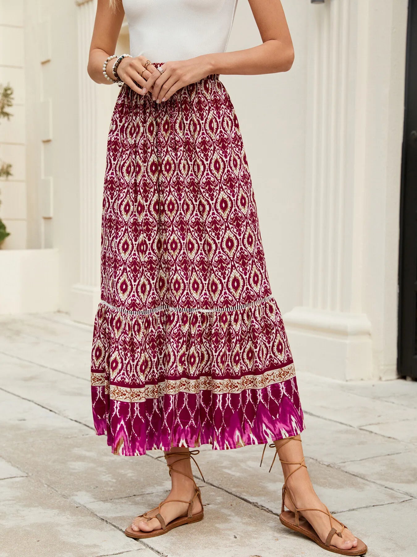 Bohemian Printed Ruched Maxi Skirt - cas7m