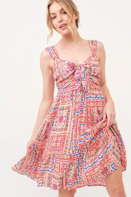 And The Why Tied Front Smocked Back Tiered Boho Printed Dress - cas7m