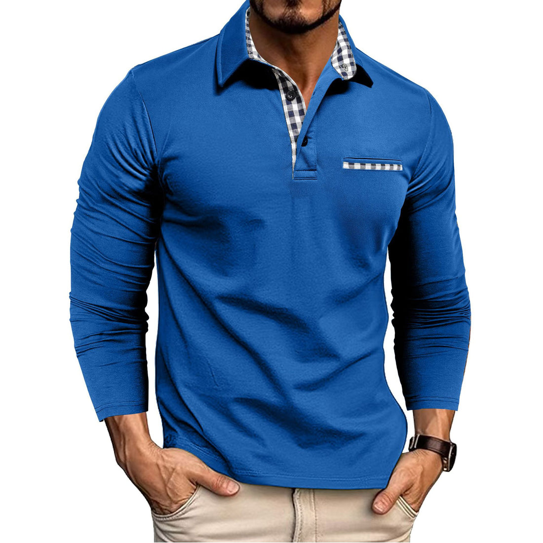 Casual Plaid Splicing Lapel Polo Shirt Fashion Solid Color Long Sleeve Top Men's Clothing - cas7m