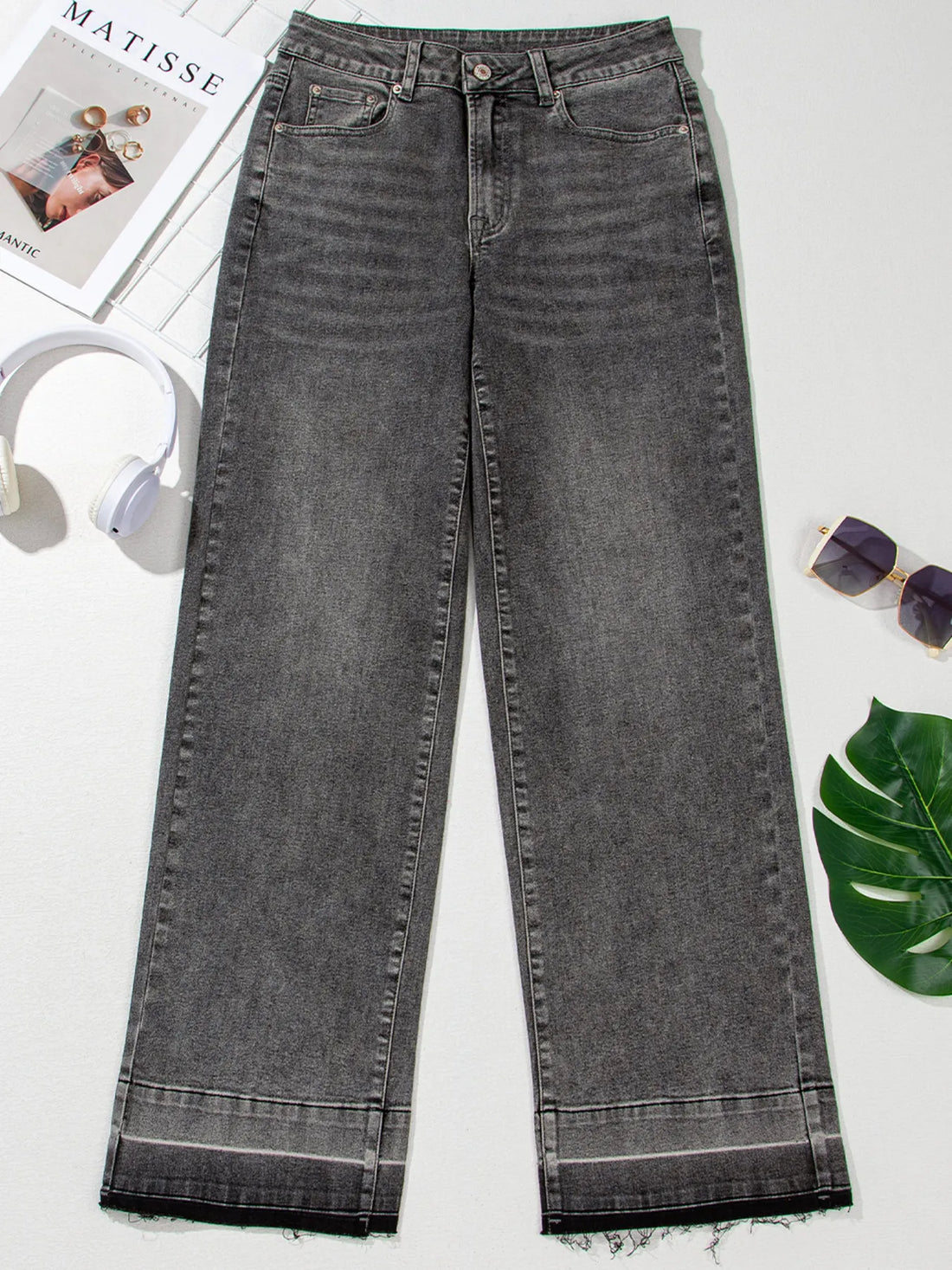 Raw Hem Unique Cuffs Straight High Rise Loose Jeans - cas7m