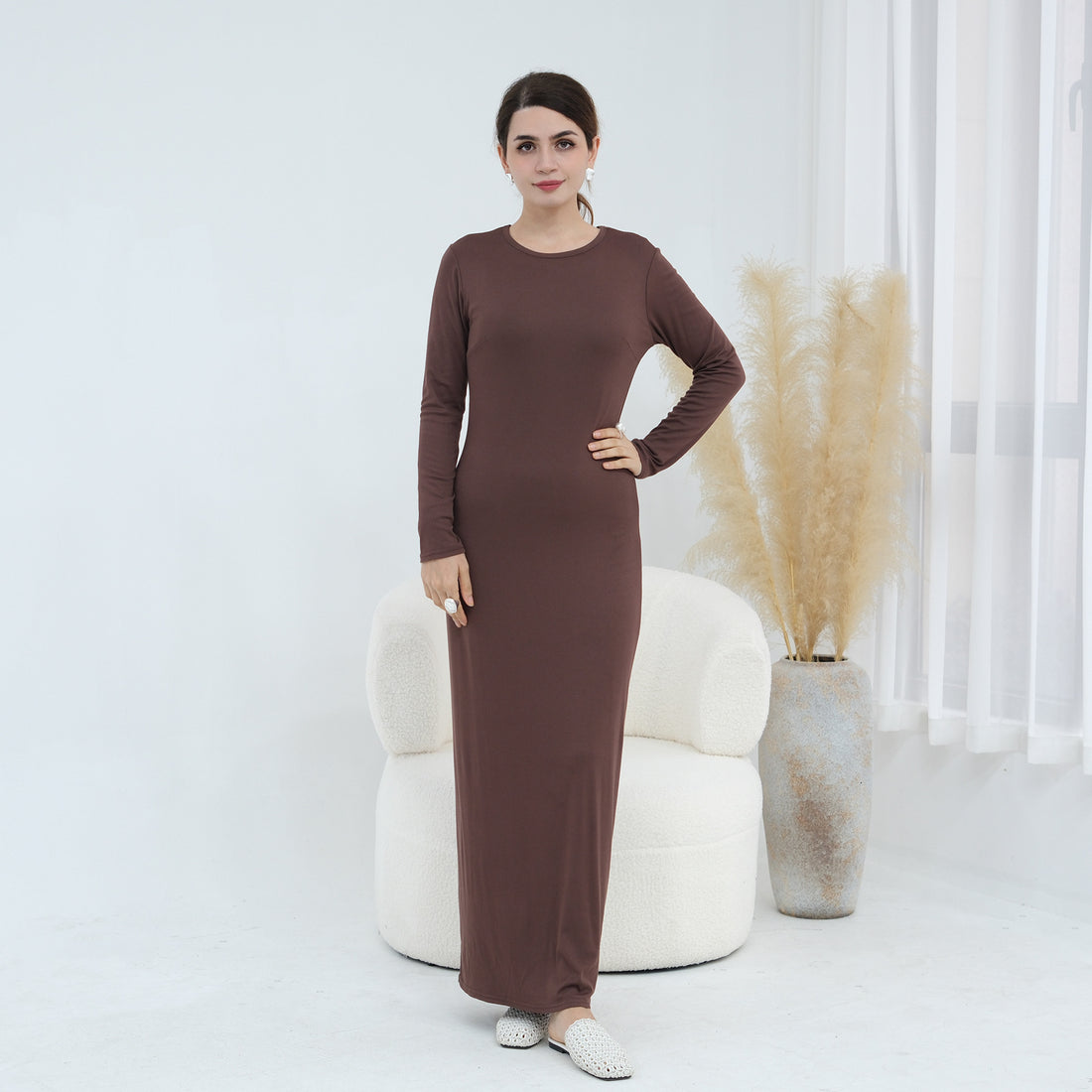 Plus-size Stretchy Long-sleeve Slip Dress - cas7m