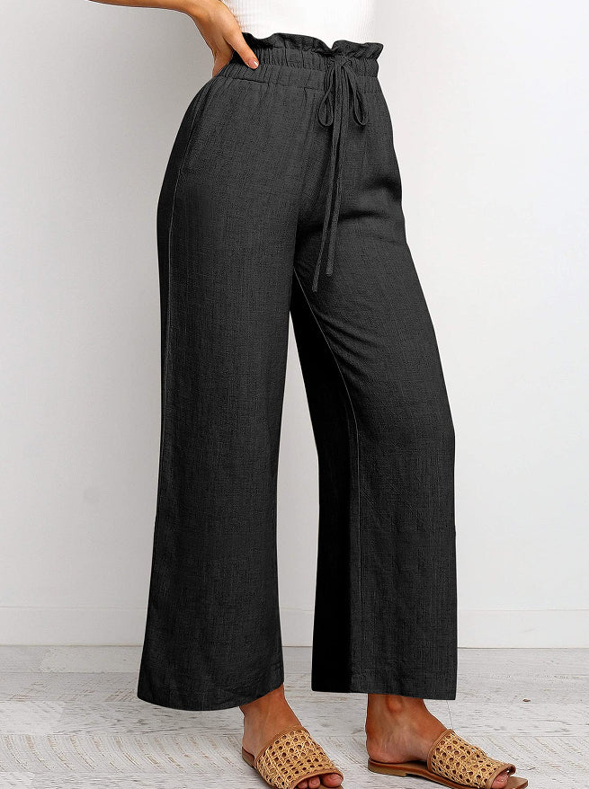 Elastic Waistband Lace-up Wide Leg Pants Solid Color Cropped Pants - cas7m