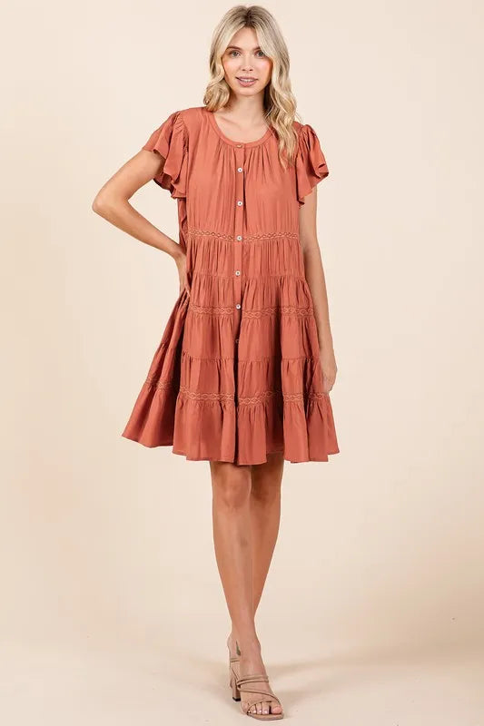Mittoshop Lace Detail Ruffled Button Down Tiered Dress - cas7m