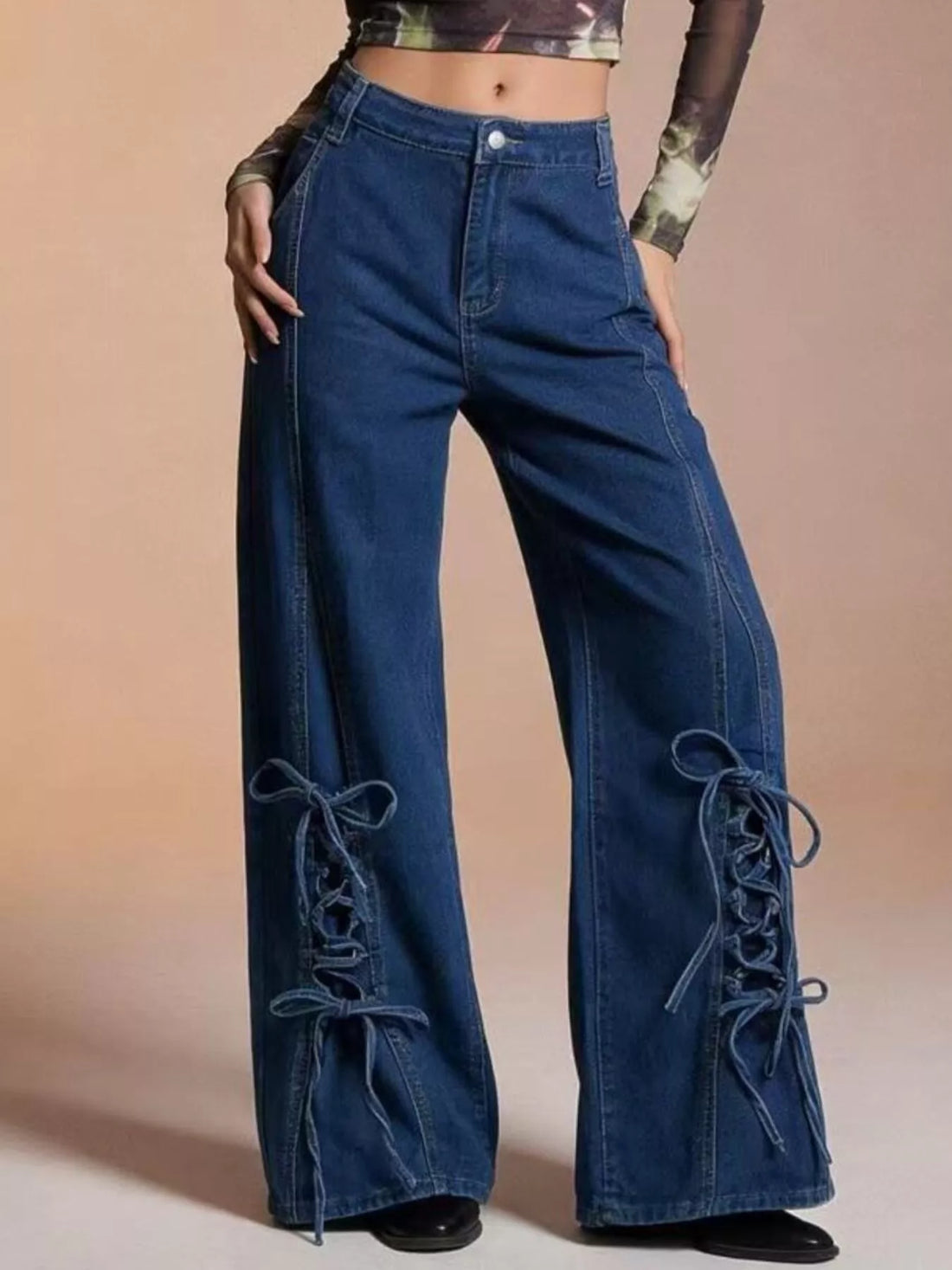 Lace-Up Wide Leg Jeans - cas7m