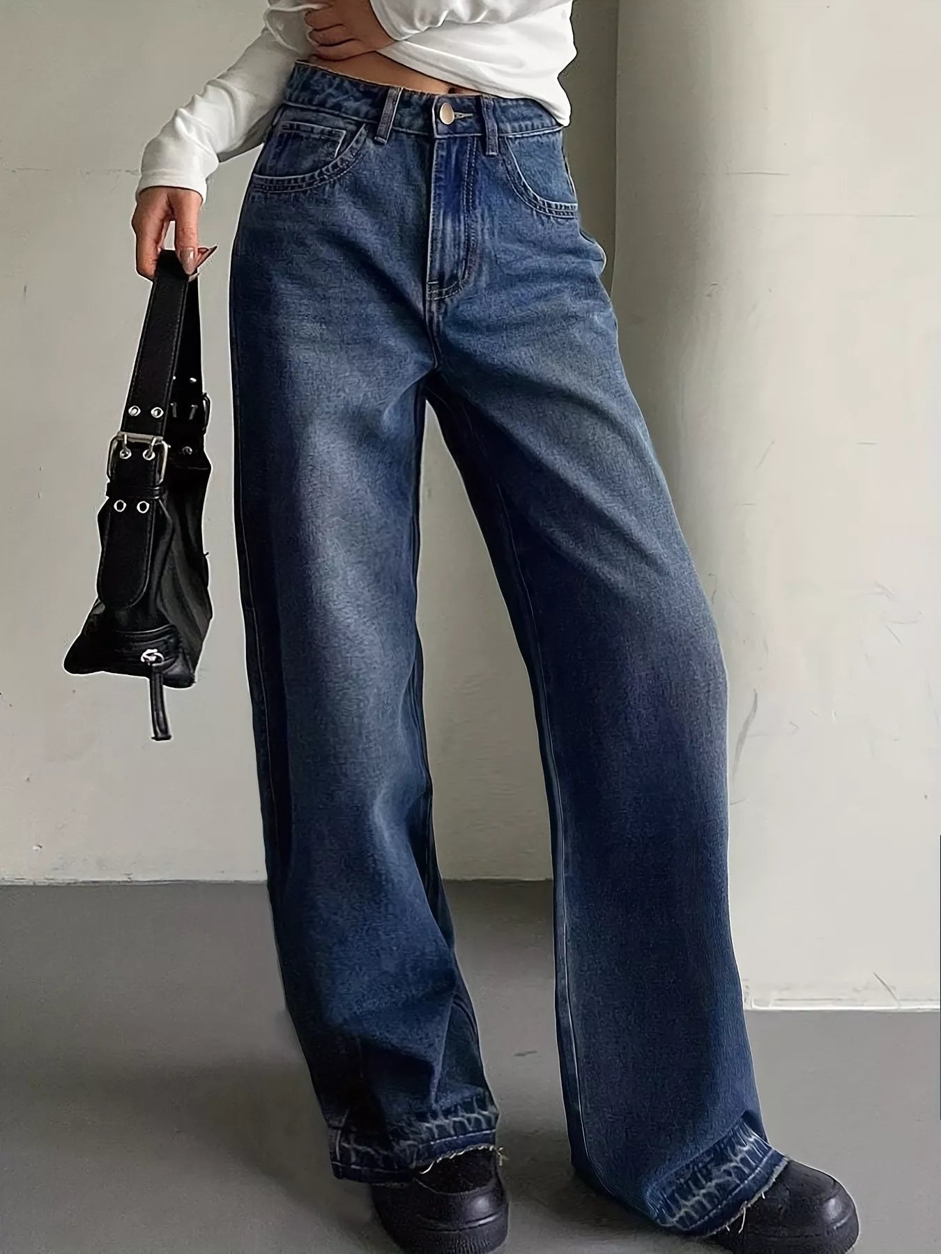 Wide Leg Vintage Wash Jeans - cas7m