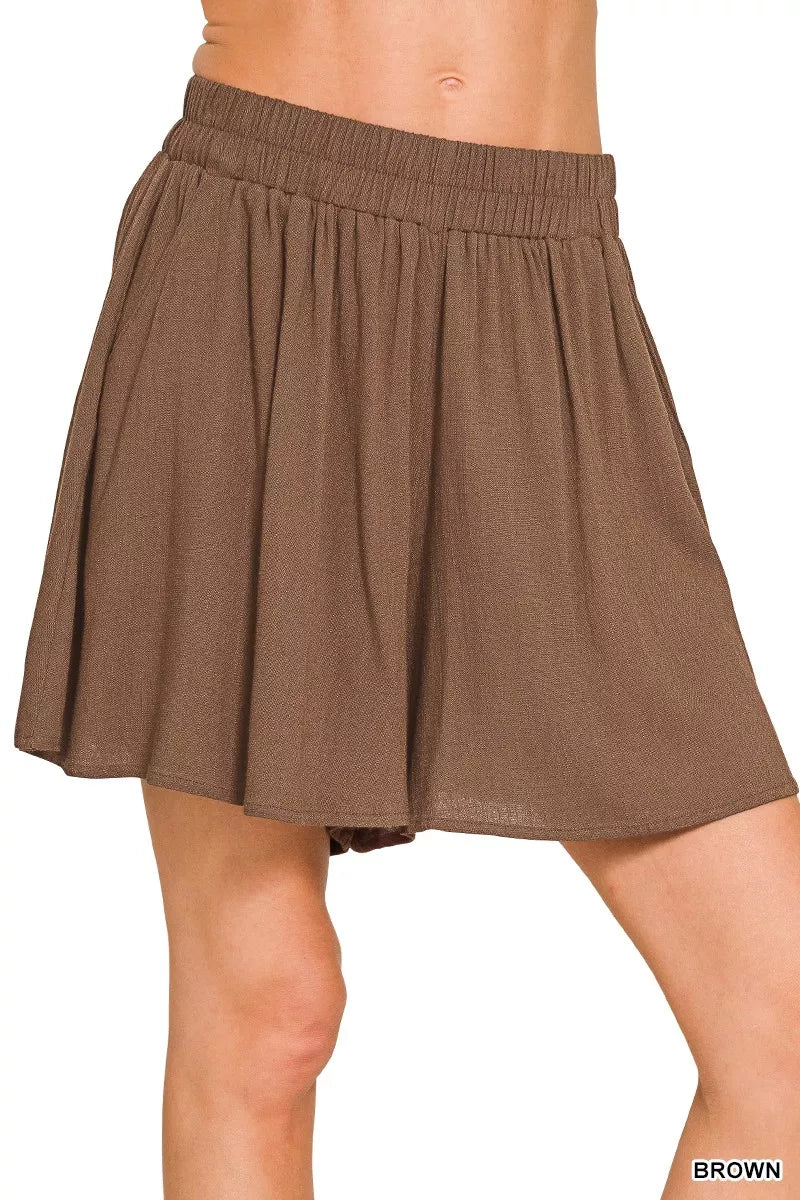 Zenana Woven Elastic Band Shorts With Pocket - cas7m