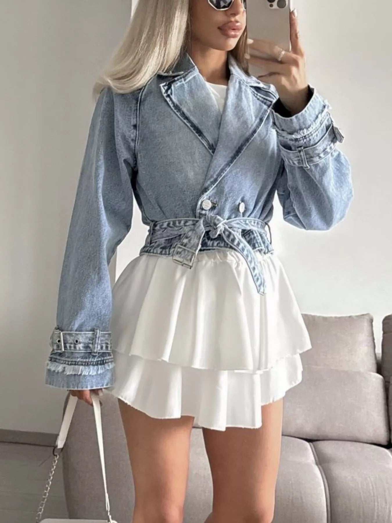 Long Sleeve Crop Denim Jacket - cas7m