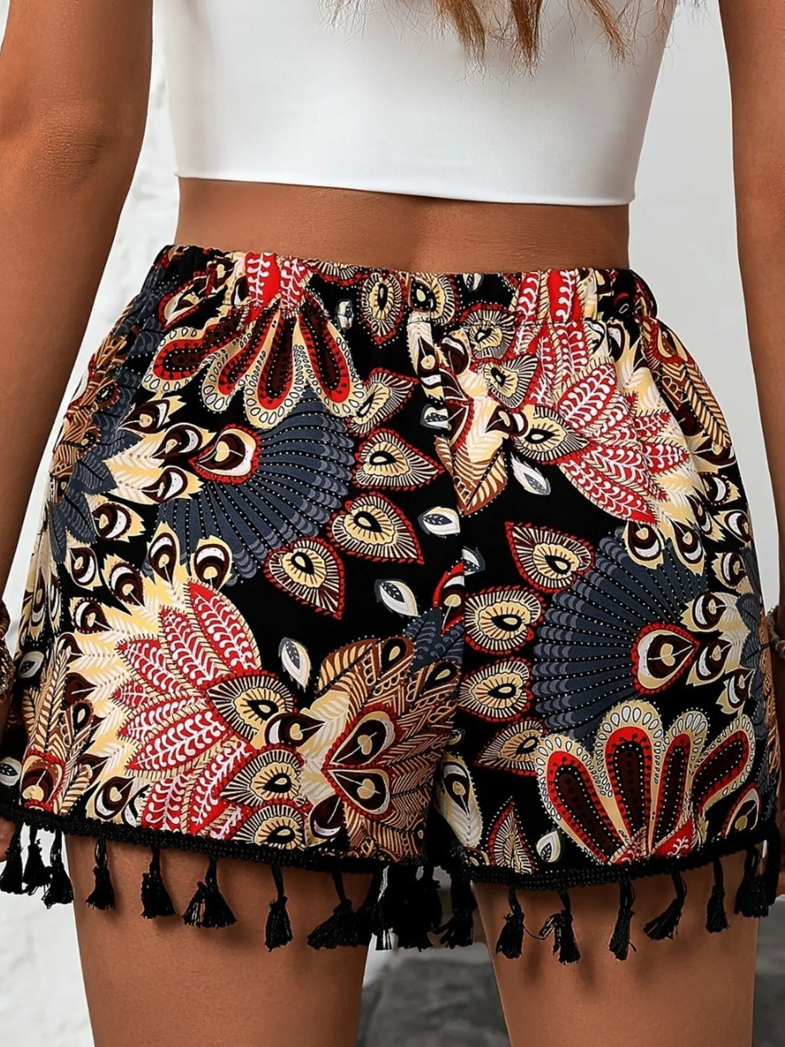 Paisley Print Tassel Hem Shorts - cas7m