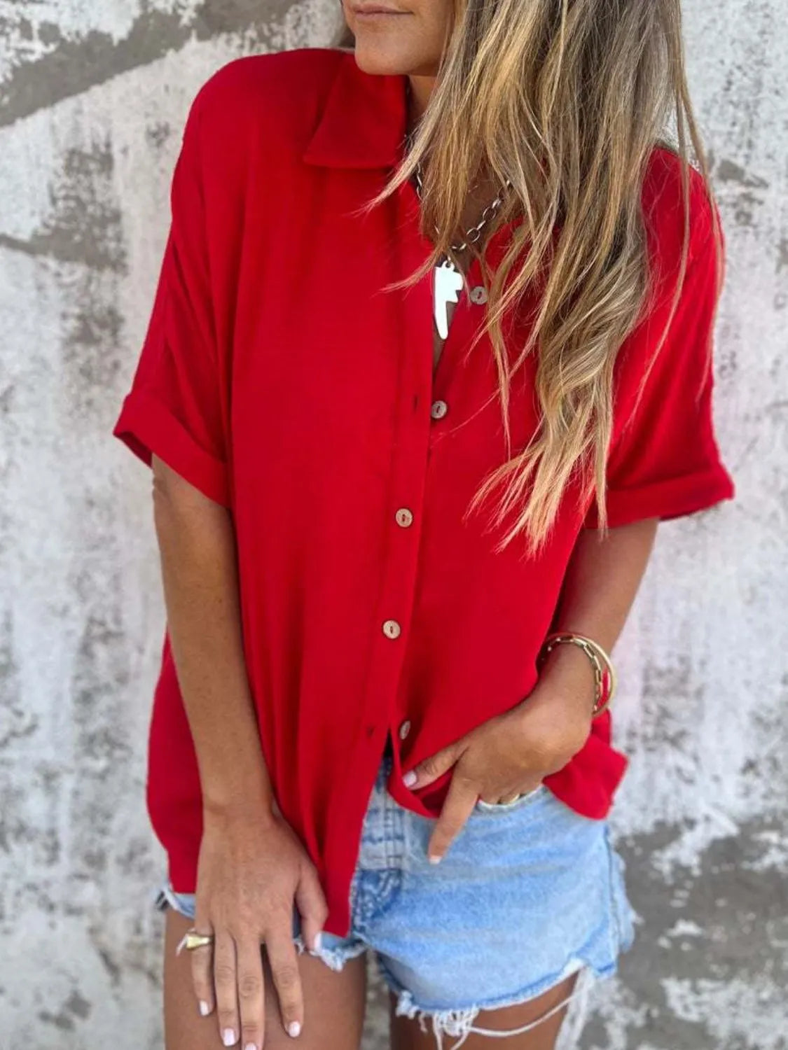Full Size Collared Neck Half Sleeve Shirt Plus Size - cas7m