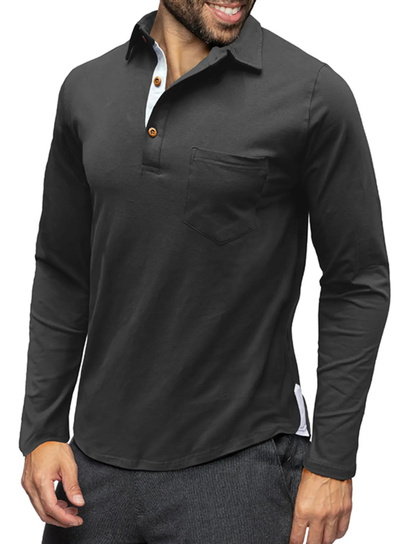 Men's Long Sleeve Polo Shirt with Chest Pocket - cas7m