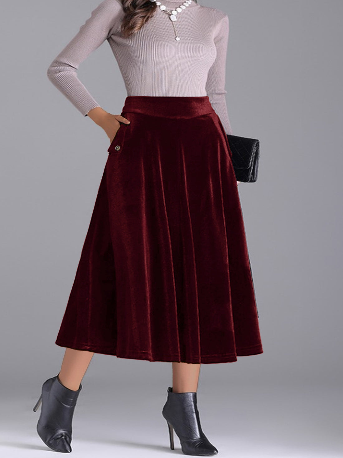 Plus Size Elegant Velvet A-Line Midi Skirt - cas7m