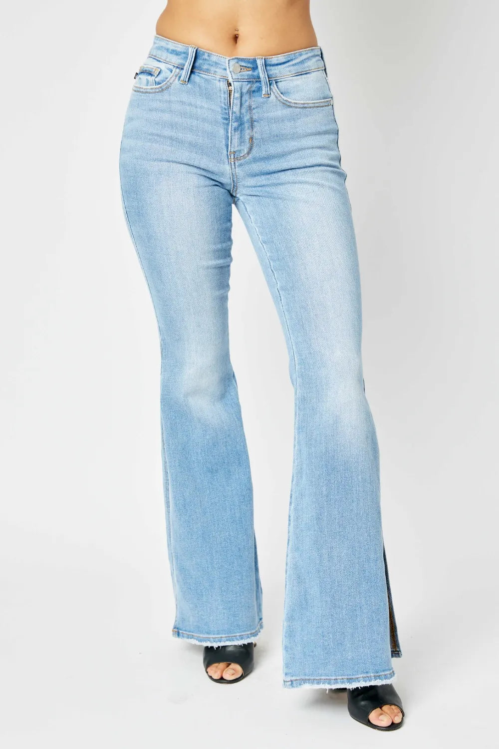 Judy Blue Full Size Mid Rise Raw Hem Slit Flare Jeans - cas7m