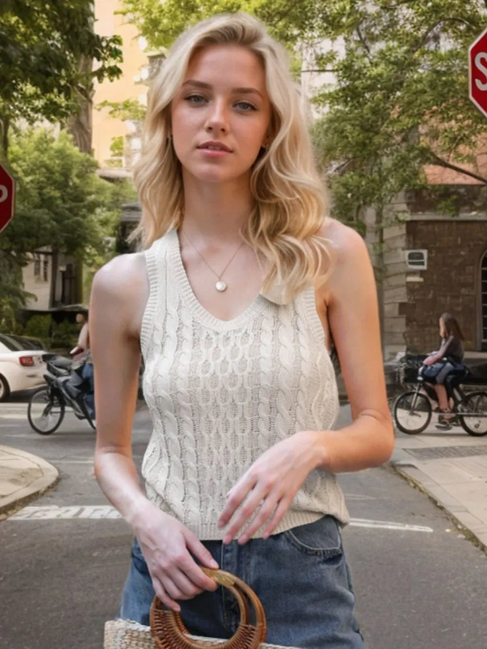 Cable-Knit V-Neck Knit Tank - cas7m