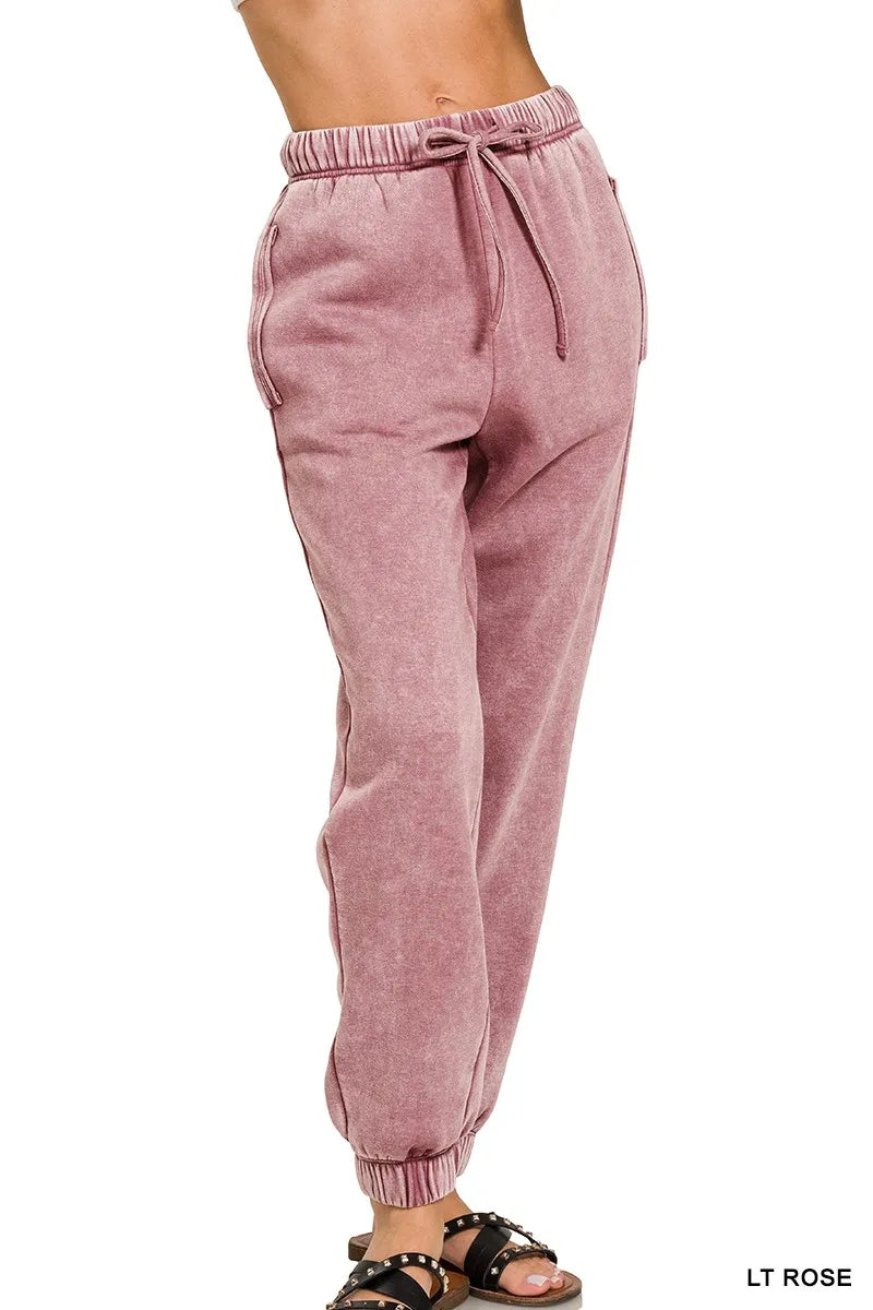 Zenana Acid Wash Fleece Sweatpants with Pockets - cas7m
