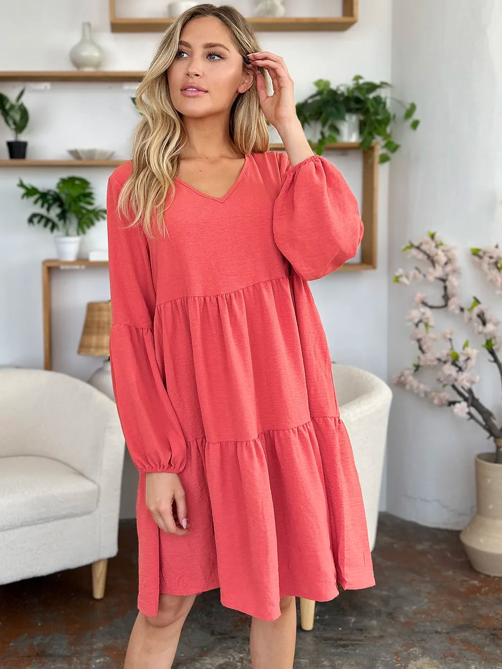 Double Take Full Size V-Neck Balloon Sleeve Tiered Dress with Pockets - cas7m
