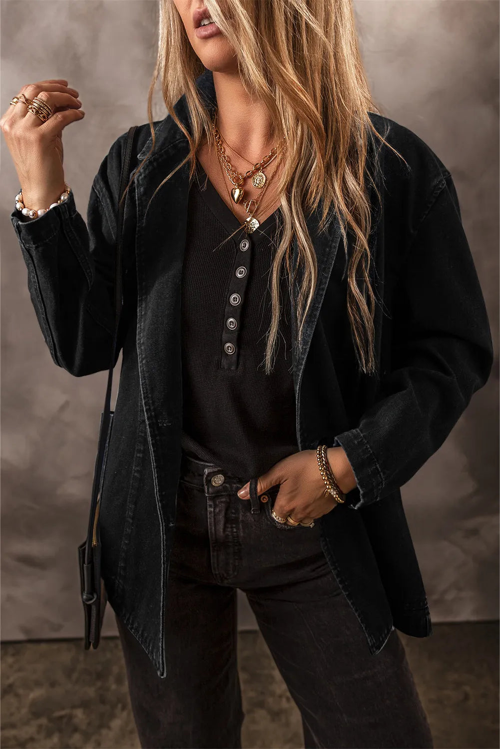 Pocketed Long Sleeve Denim Jacket - cas7m