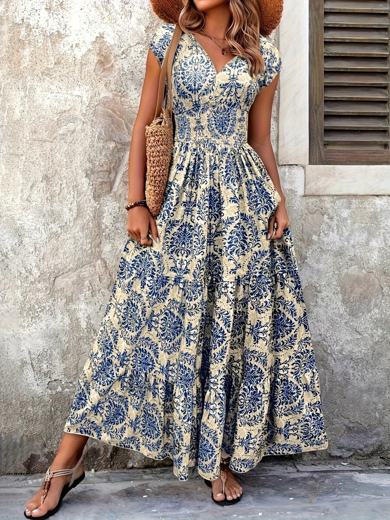Smocked Tiered Maxi Dress - Chic Polyester Statement - cas7m
