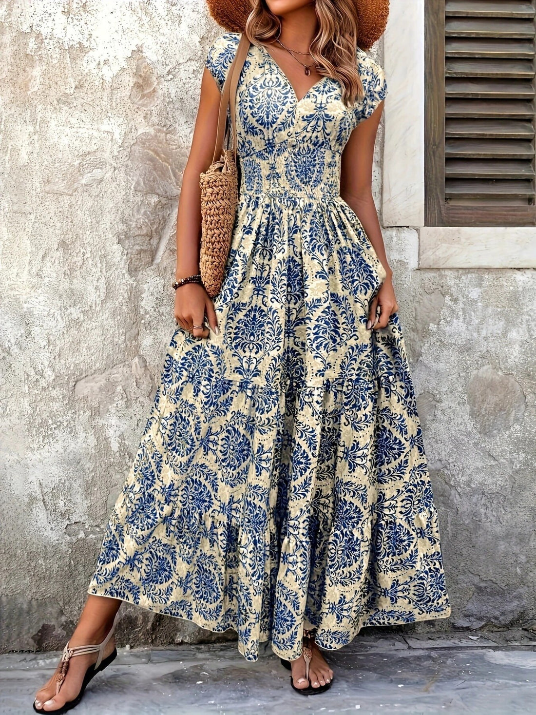 Smocked Tiered Maxi Dress - Chic Polyester Statement - cas7m