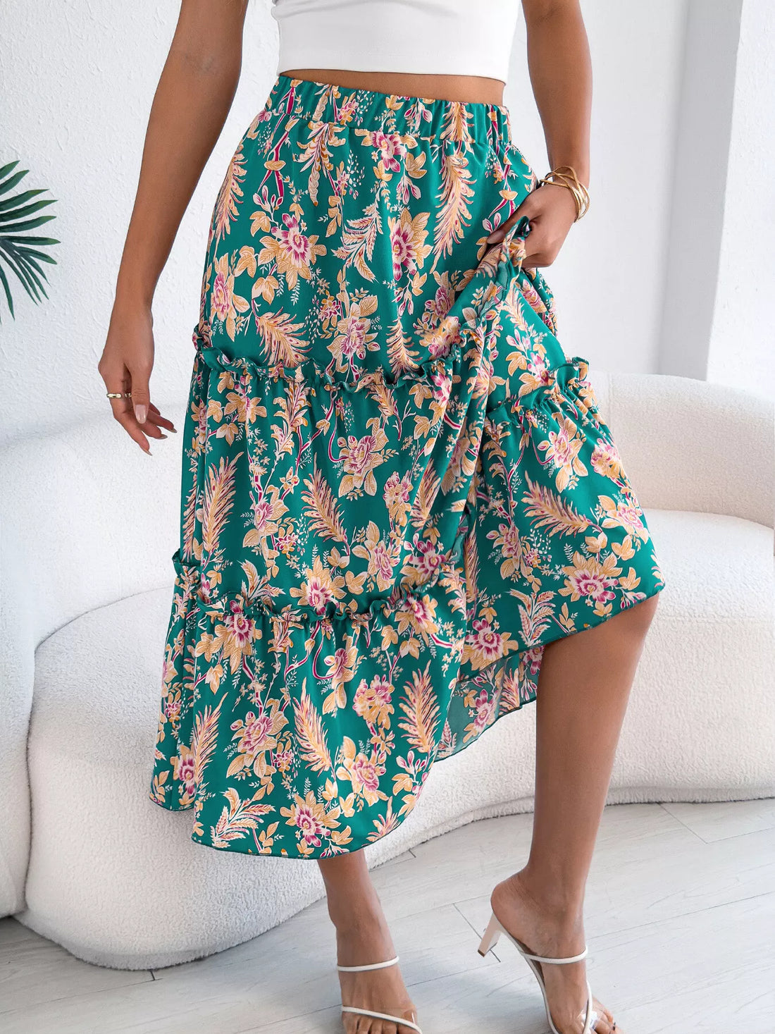 Floral Print Ruffle Hem Flowy Midi Skirt - cas7m